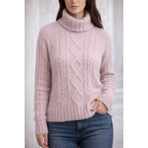 Angora Lambswool Cable Knit Turtleneck Sweater XL Blush Pink Soft Fuzzy Cozy